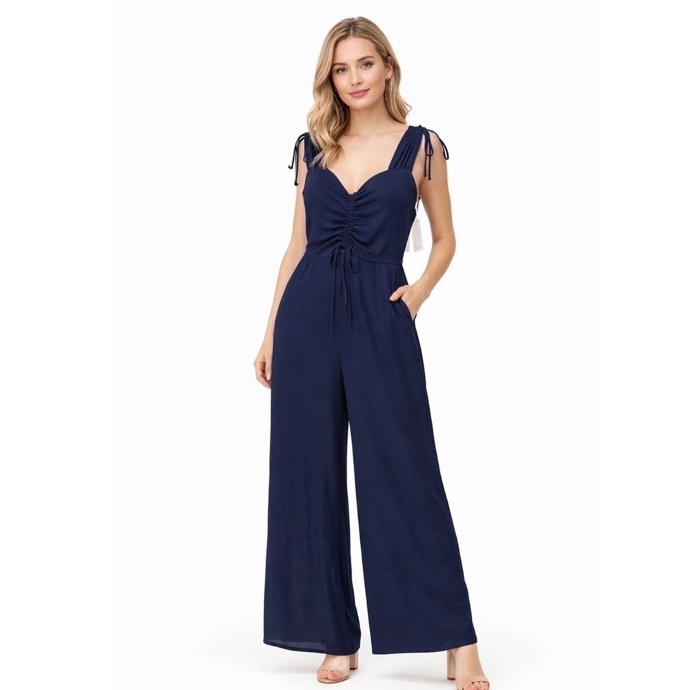 NSR Nordstrom Rack Jumpsuit Women's Large Navy Blue Ruched Tie Strap Wide Leg